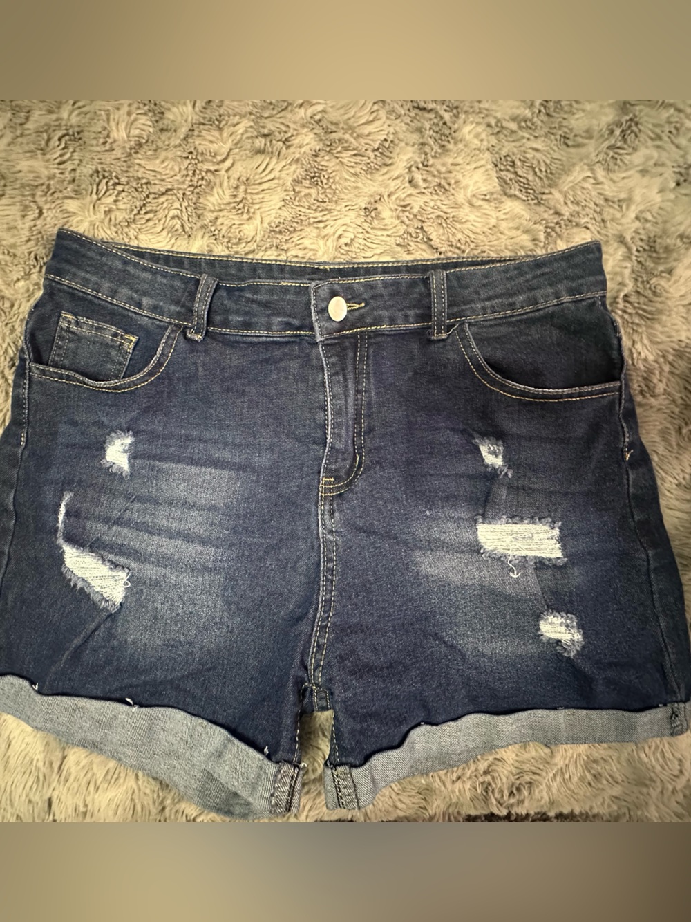 Distressed Dark Wash Denim Shorts Rolled Cuff Stretch Jean size Xl